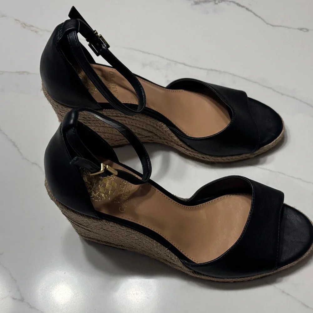 Vince Black Leather Wedge Espadrilles